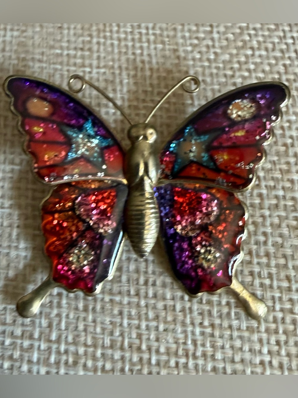 Y2K Butterfly Brooch Pink Red Purple Blue Star Glittery Hues on Gold Tone Metal